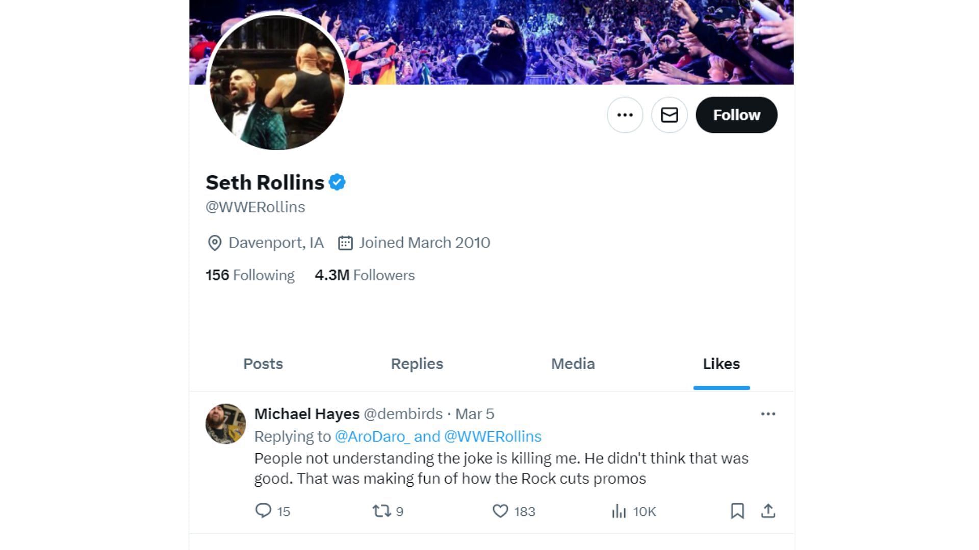 A screengrab of Seth Rollins' Twitter profile